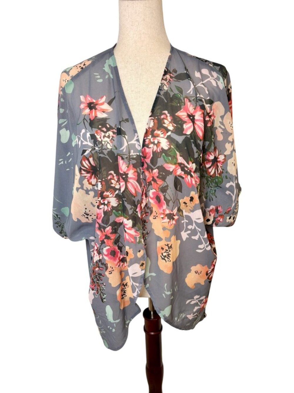Blue Gray Pink Orange Floral Open Front Kimono Cardigan Medium